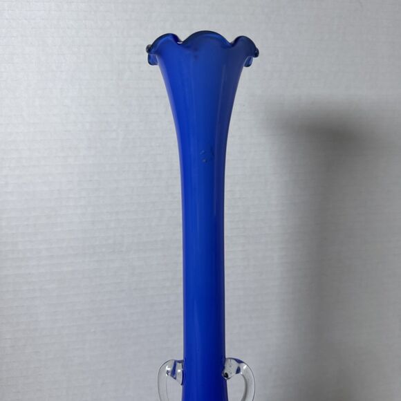 12” Tall 1950’s Handled Blue Glass Bud Vase Clear Handles White Interior - Picture 4 of 9